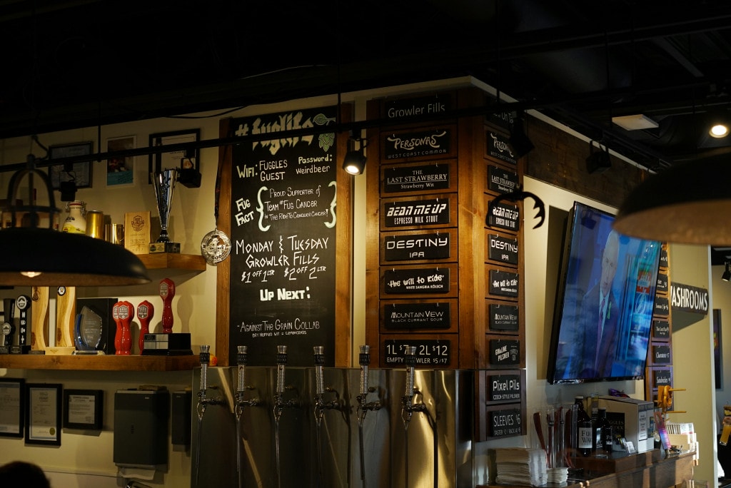 image of Fuggles & Warlock Craftworks interior with beer list and bar