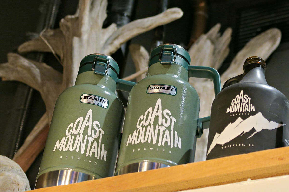 Stanley and glass growlers at Coast Mountain Brewing in Whistler, BC