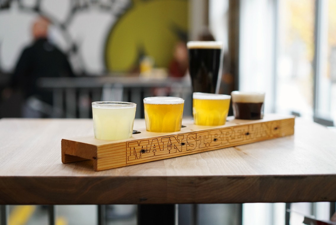 a flight of craft beer at Main St. Brewing in Vancouver
