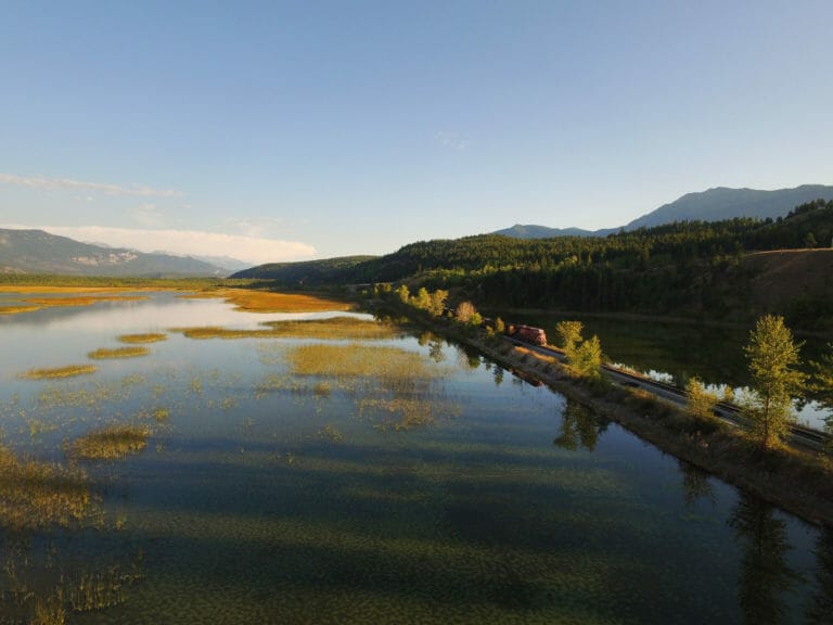 a golden-hour view of Columbia Lake in the Provincial Park on the Kootenay Rockies East Ale Trail