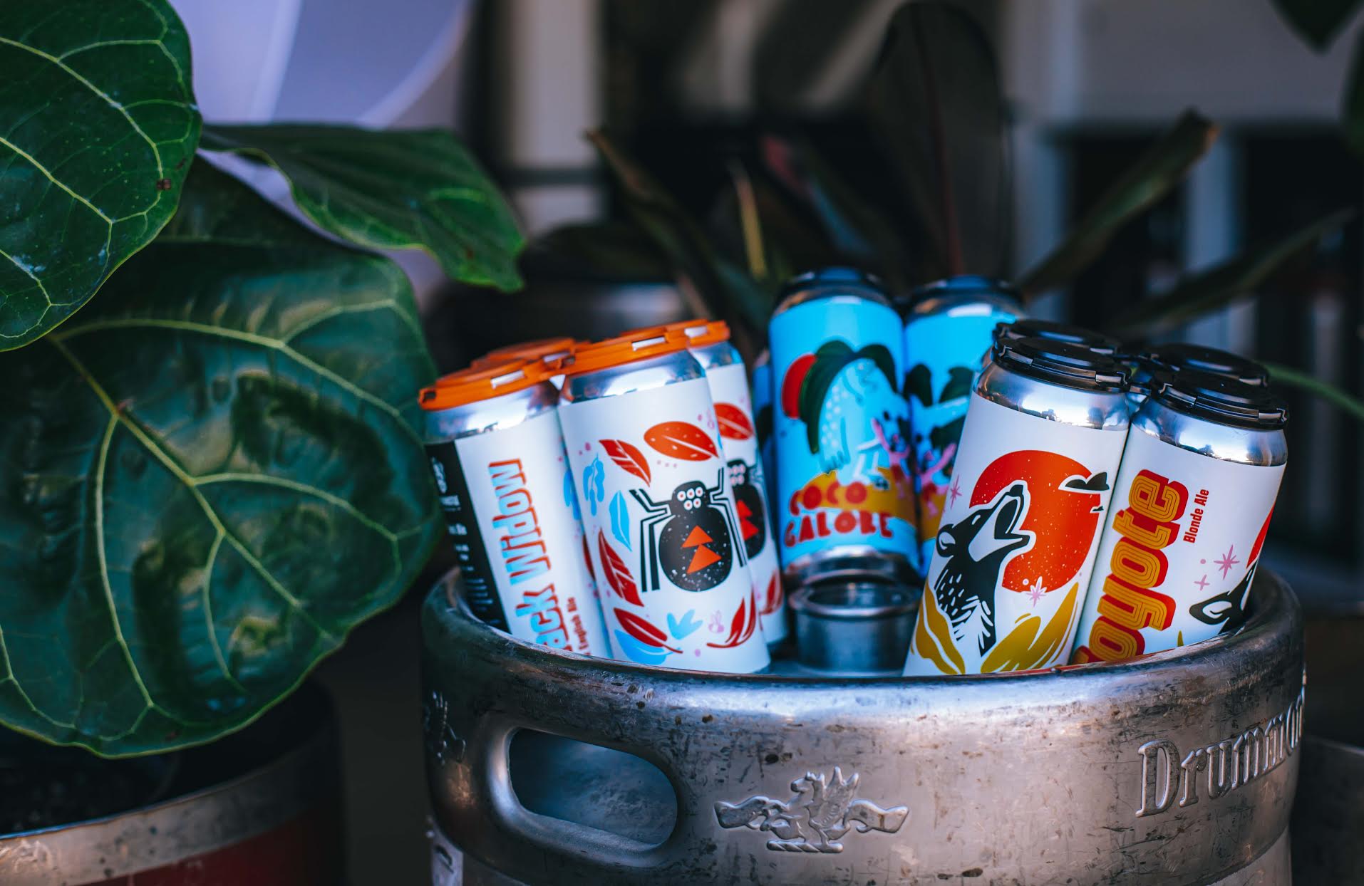 a selection of canned craft beer sits on top of a keg at Tin Whistle Brewing in Penticton, BC