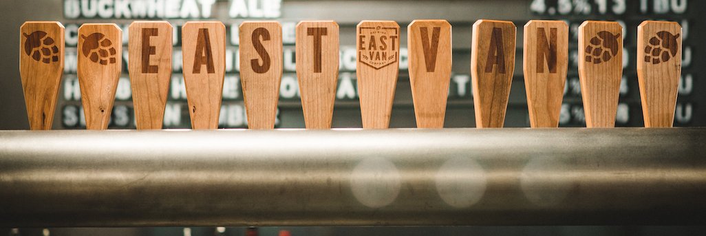 branded tap handles at East Vancouver Brewing Co. in Vancouver