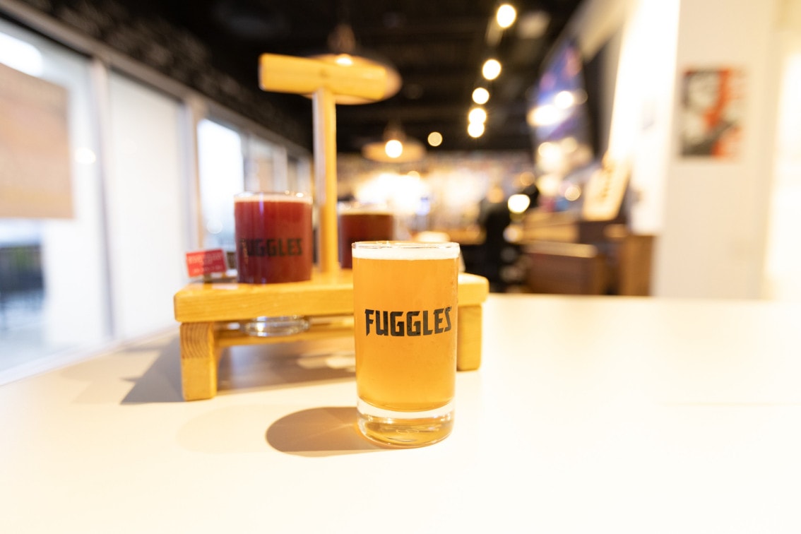 a flight of craft beer at Fuggles Beer in Richmond, BC