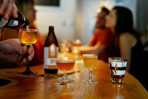 A line up of beer in unique glassware at LoveShack Libations