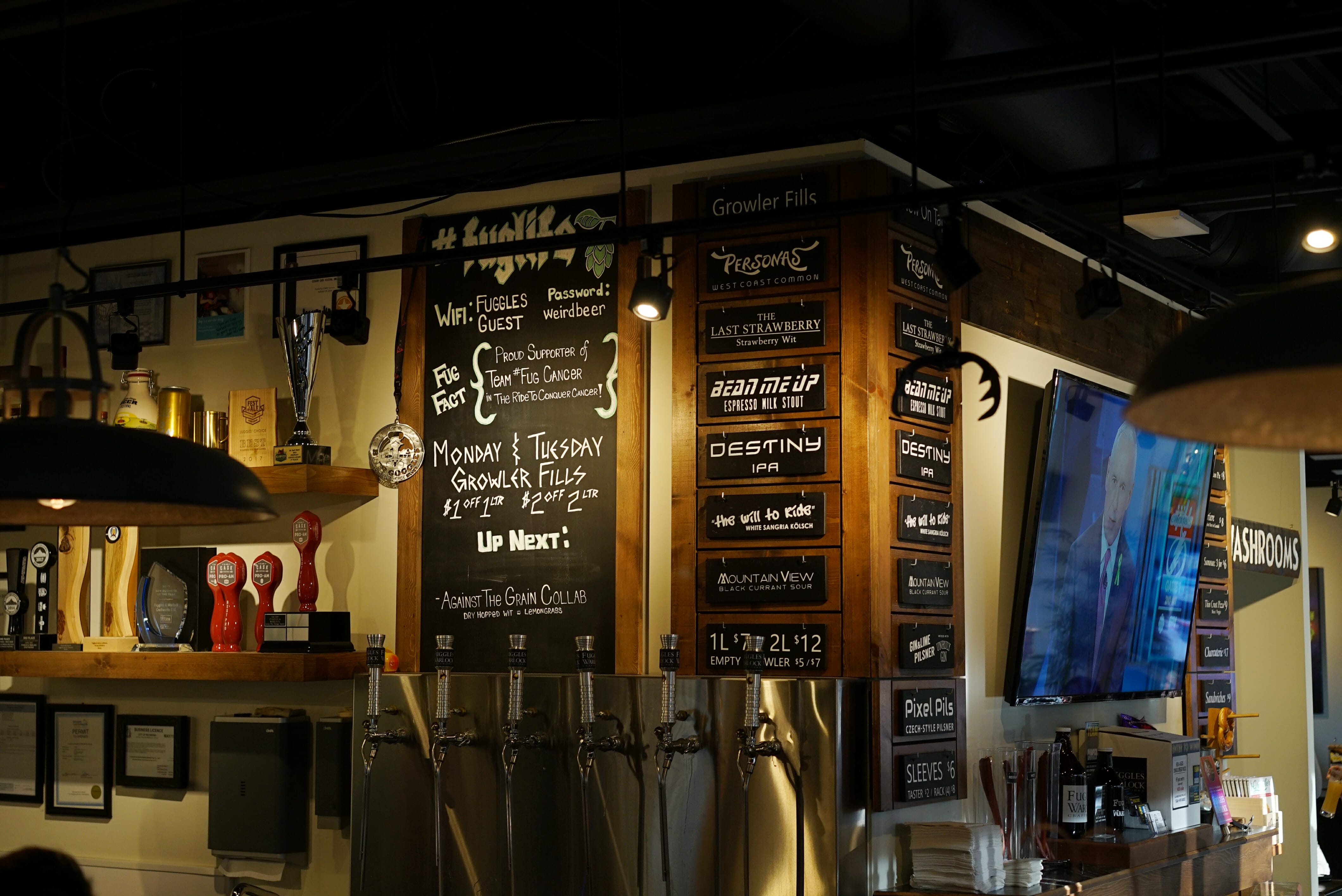 image of Fuggles & Warlock Craftworks interior with beer list and bar