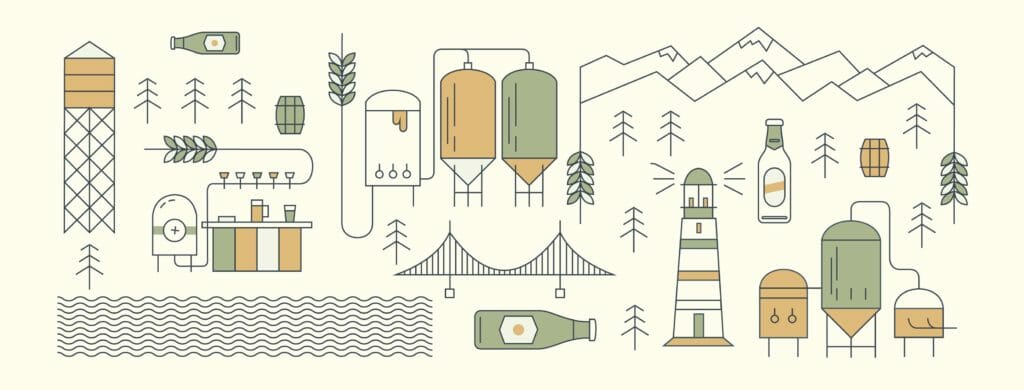 promotional illustration of Vancouver North Shore landmarks and brewery equipment for Craft Beer Week