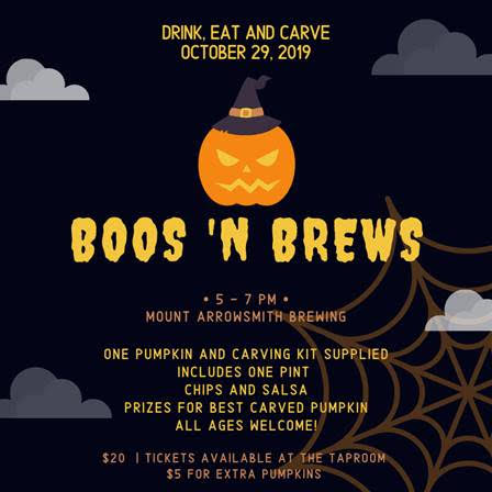 poster info for Mount Arrowsmith's Boos 'n Brews Halloween event in Parksville