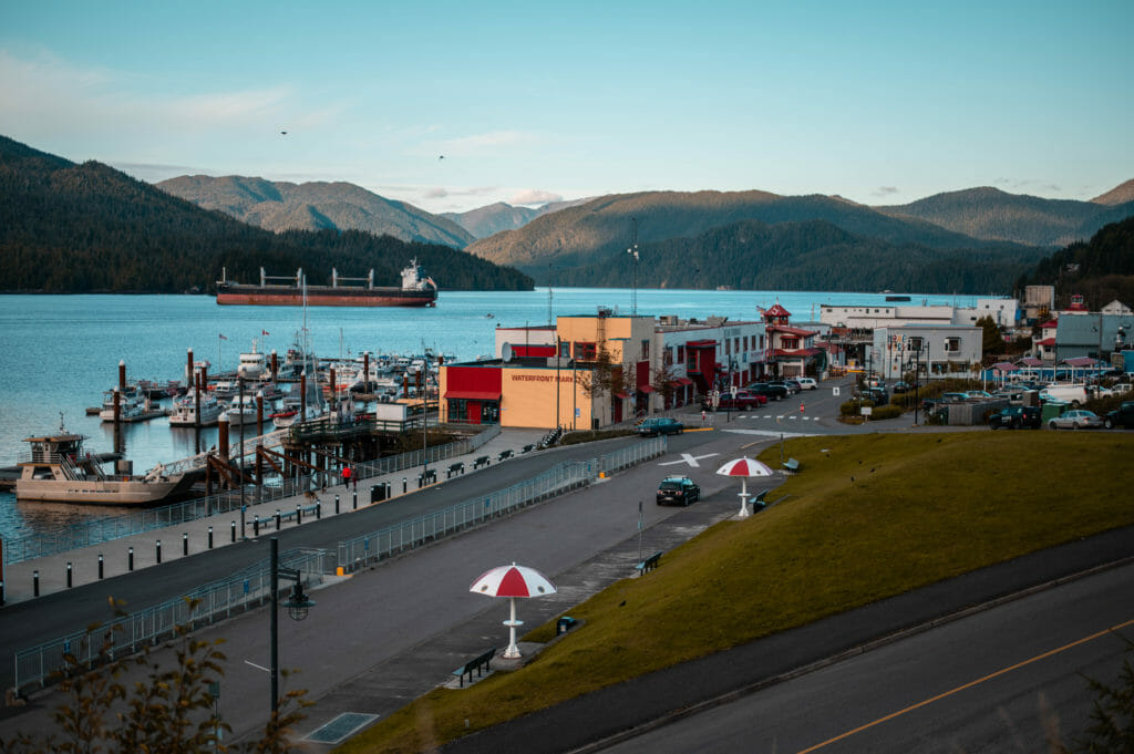 image of Atlin Terminal and ocean background with ship in Prince Rupert, BC on the Northern BC Ale Trail