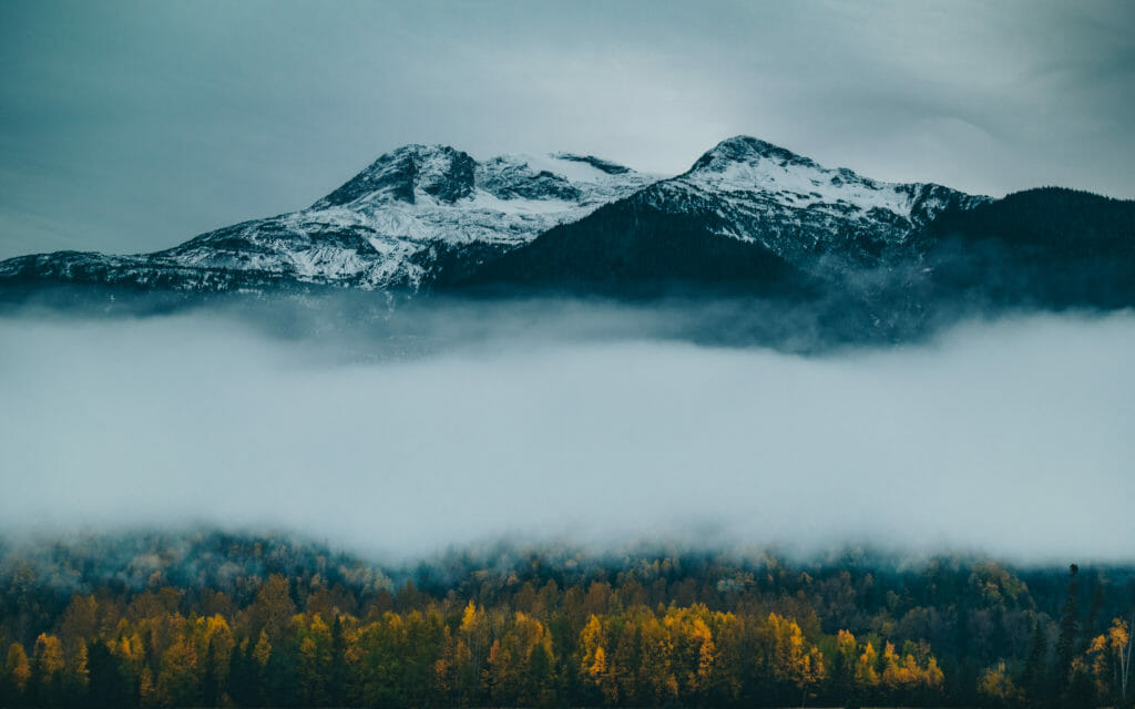 image of snow-dusted mountain peaks with cloud cover over yellow birch trees scattered between spruce in Northern BC