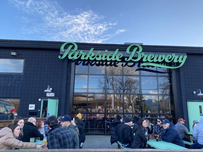 Craft beer flight on a sunny patio at Parkside Brewery in Port Moody

 
