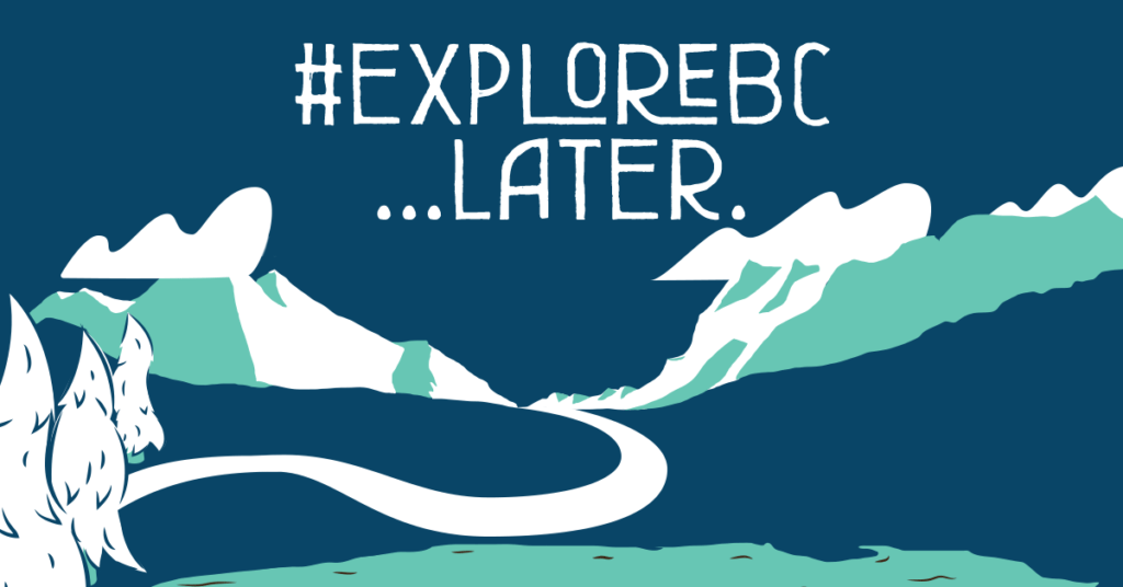 illustration of mountain landscape with hashtag ExploreBC...later