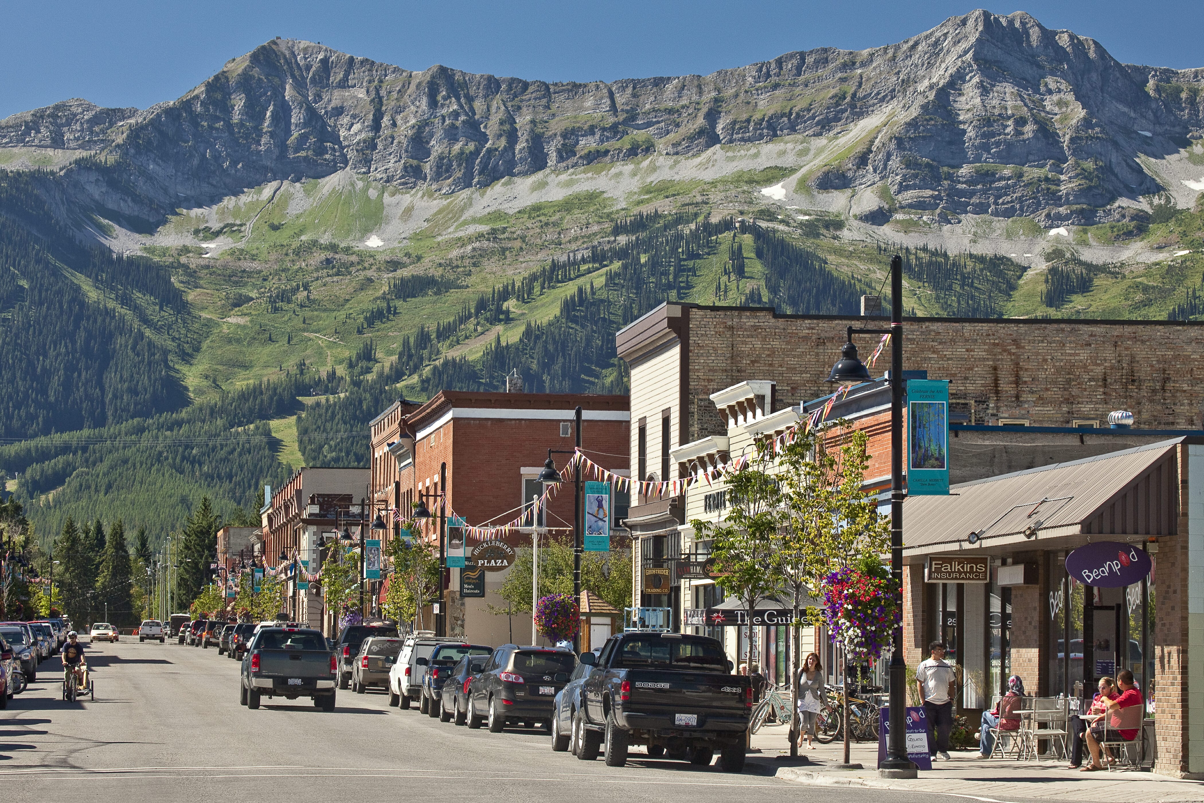 Downtown Fernie, BC with mountains in the background