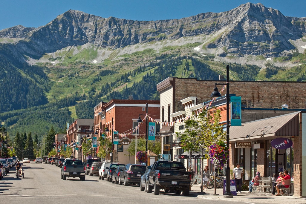 Downtown Fernie, BC with mountains in the background
