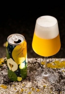 A colourful can and pint of beer with a crisp white head from Four Winds Brewing Co. in Delta, BC