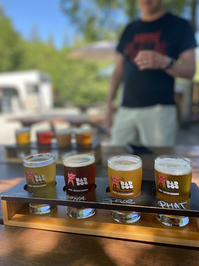 A flight of beers at Bad Dog Brewing in Sooke, BC