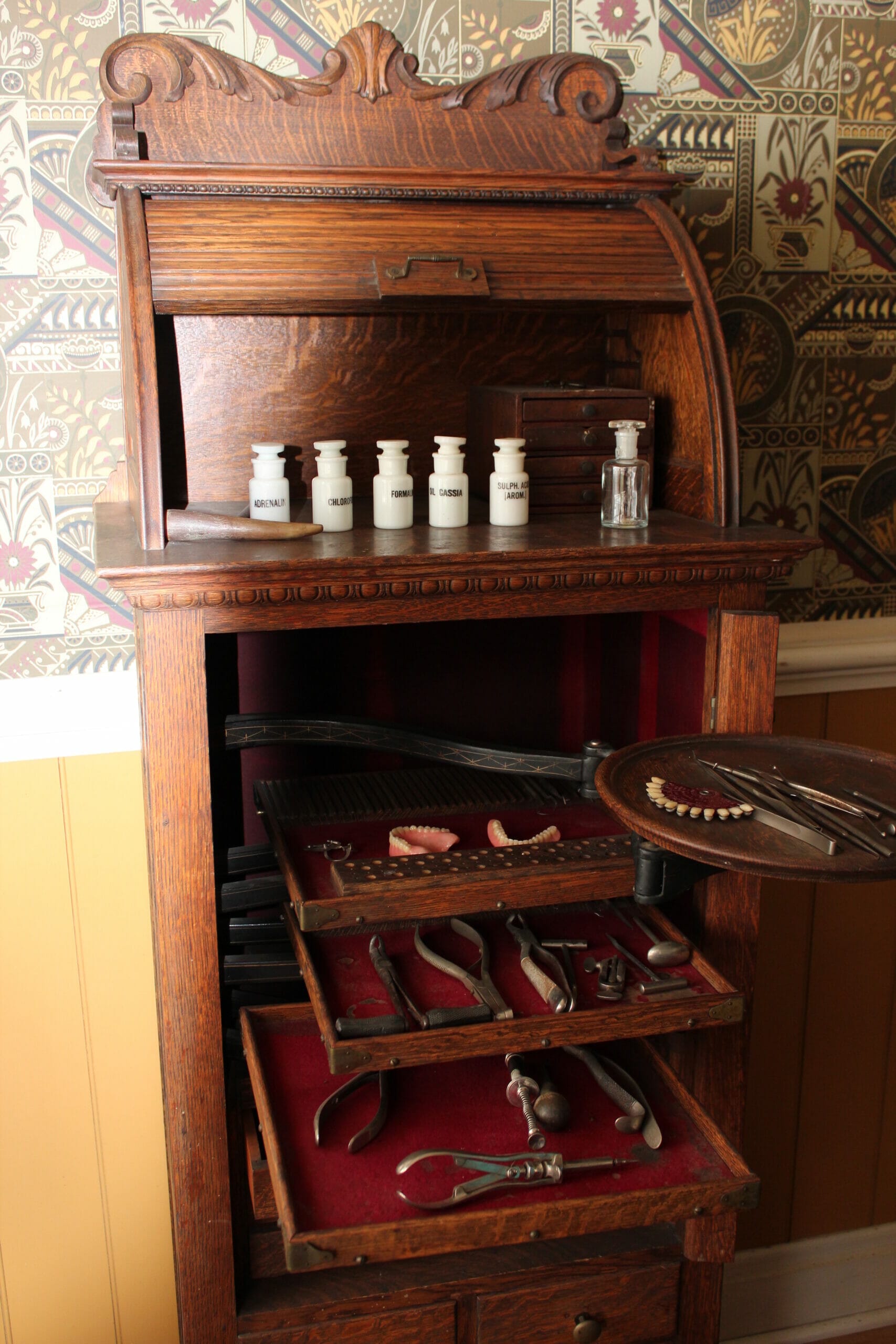 Medicinal bottles and dentristry tool chest at the Barkerville Dentist Office