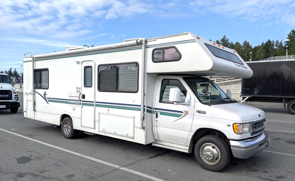 The RV sits packed and ready for adventure.