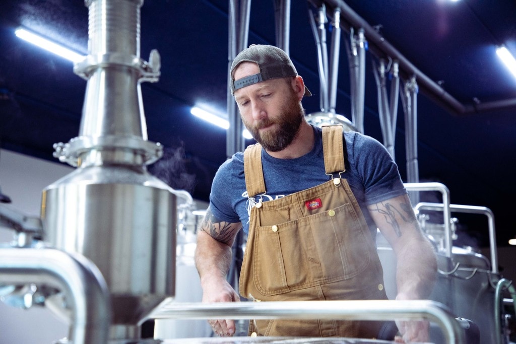 Brandon Baerwald, brewer at Deadfall Brewing in Prince George works in the brewhouse