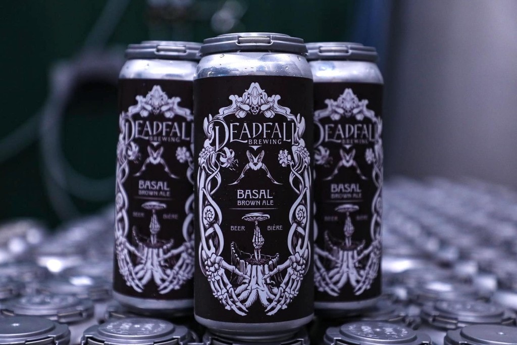 a four-pack of Basal Brown Ale tall cans from Deadfall Brewing in Prince George, BC