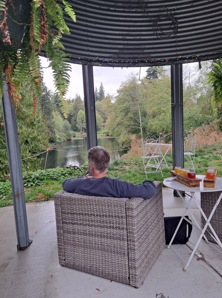 one of the covered seating areas with a great view at Locality Brewing in Langley, BC
