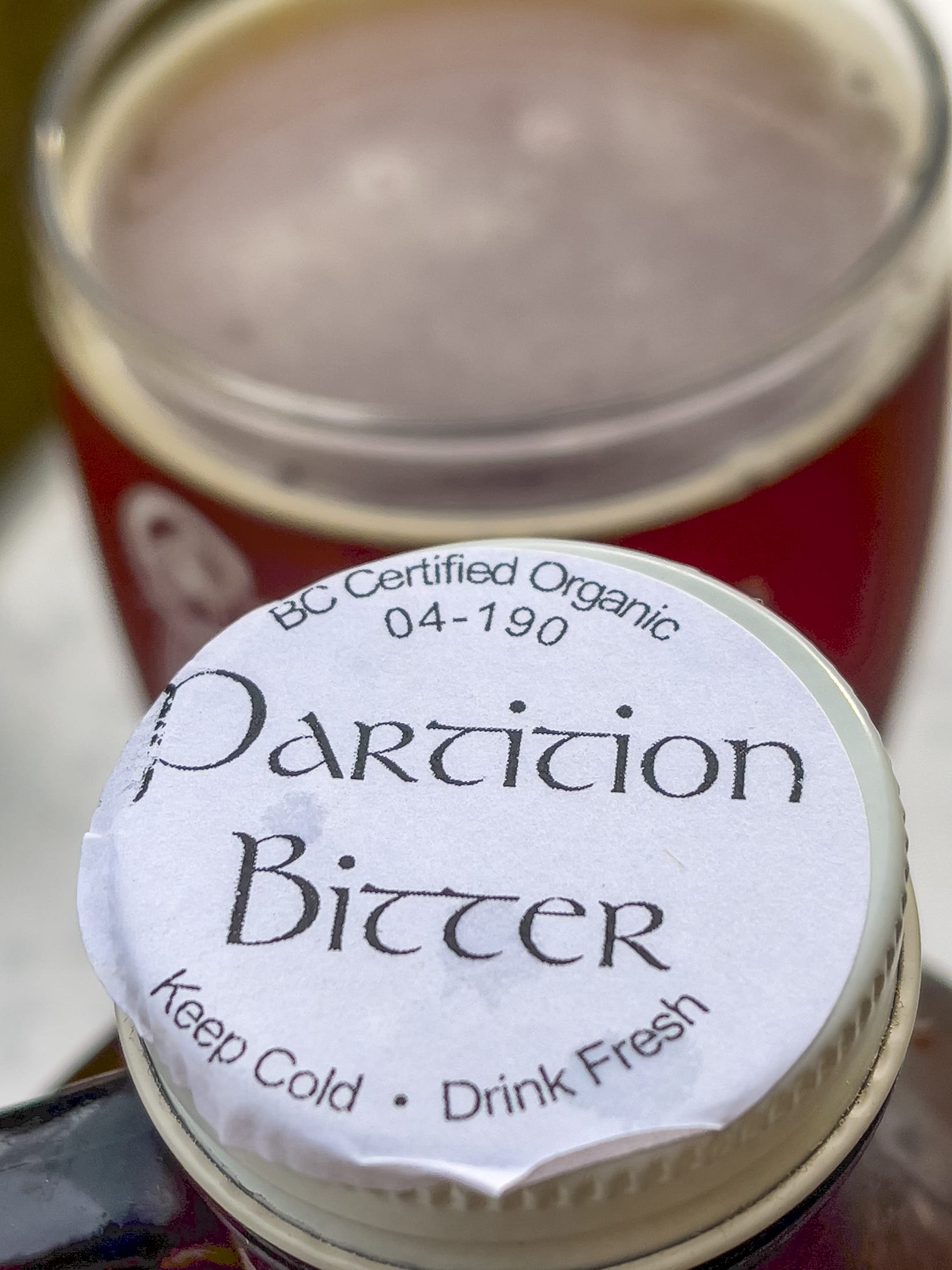 The labelled lid of a growler at Crannóg Ales in Sorrento, BC
