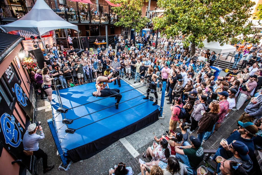 The wrestling ring at Whistlemania at Whistle Buoy Brewing in Market Square, Downtown Victoria