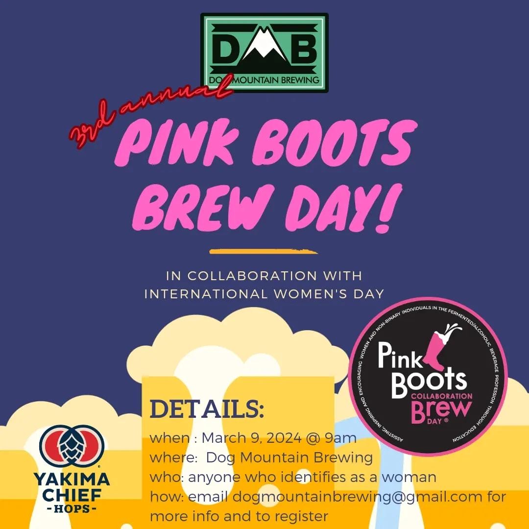 a graphic for Dog Mountain Brewing's annual Pink Boots brew day