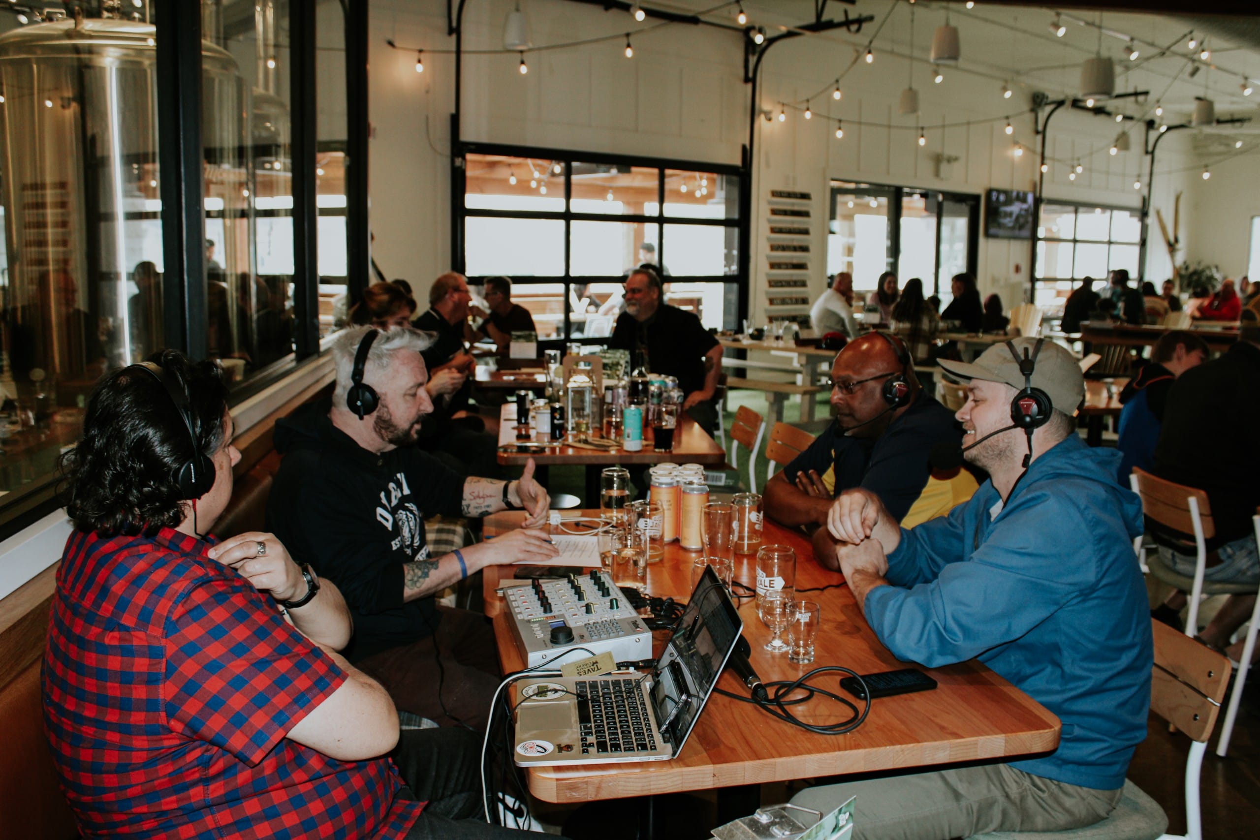 chats with hosts Joe Leary and Rick Mohabir during recording of Just Here for the Beer Radio and podcast