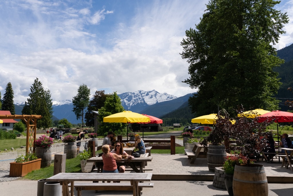 Mountain views surround the patio at The Beer Farmers in Pemberton, BC