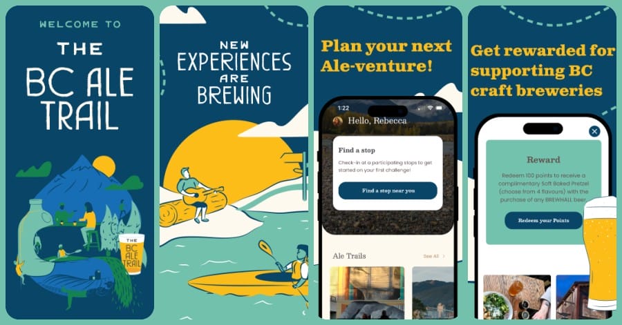 a graphic banner with screen shots showing the features of the BC Ale Trail mobile App