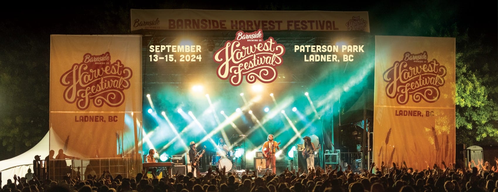 a photo of the lit stage at the Barnside Harvest Festivals, with graphics overlaid to promote the 2024 events happening in September in Ladner, BC