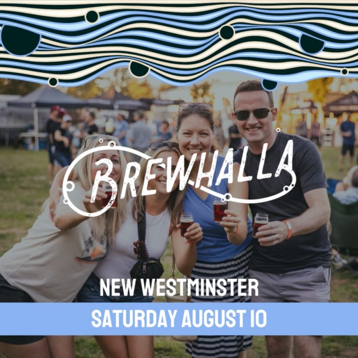 a graphic promoting Brewhalla New Westminster is overlaid on a photo of a group of people enjoying taster glasses of craft beer