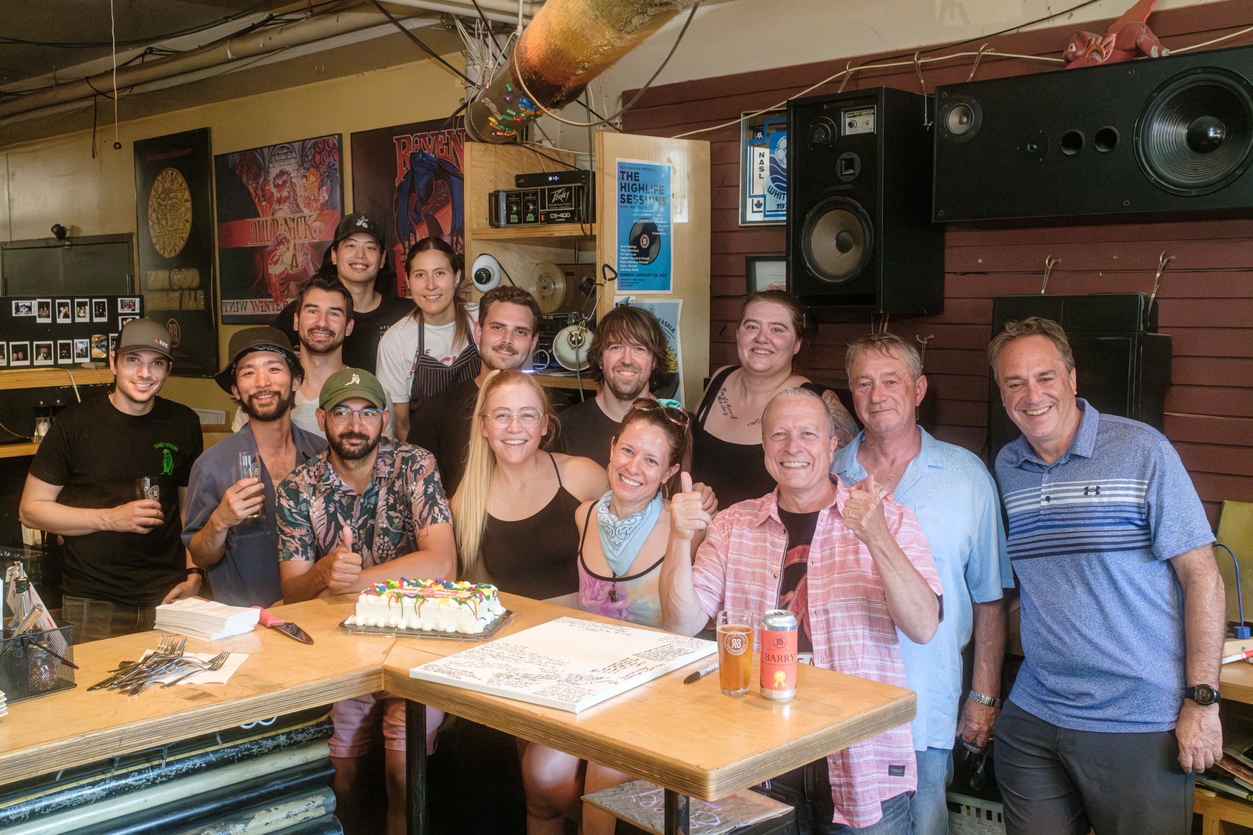 The owner and staff of R&B Brewing celebrating Barry Benson's retirement in Vancouver, BC