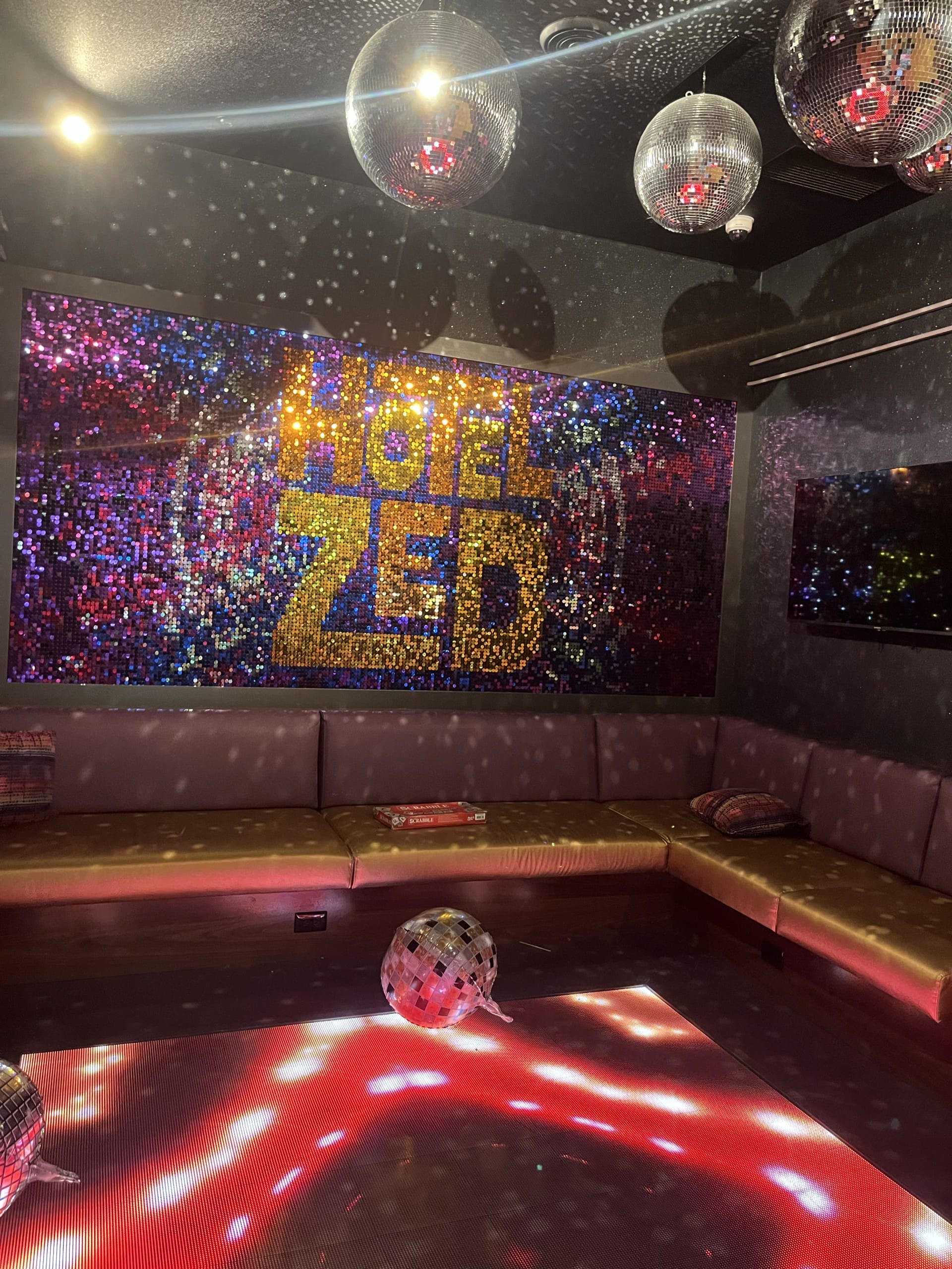 a funky, disco-themed room at Hotel Zed in Tofino, BC