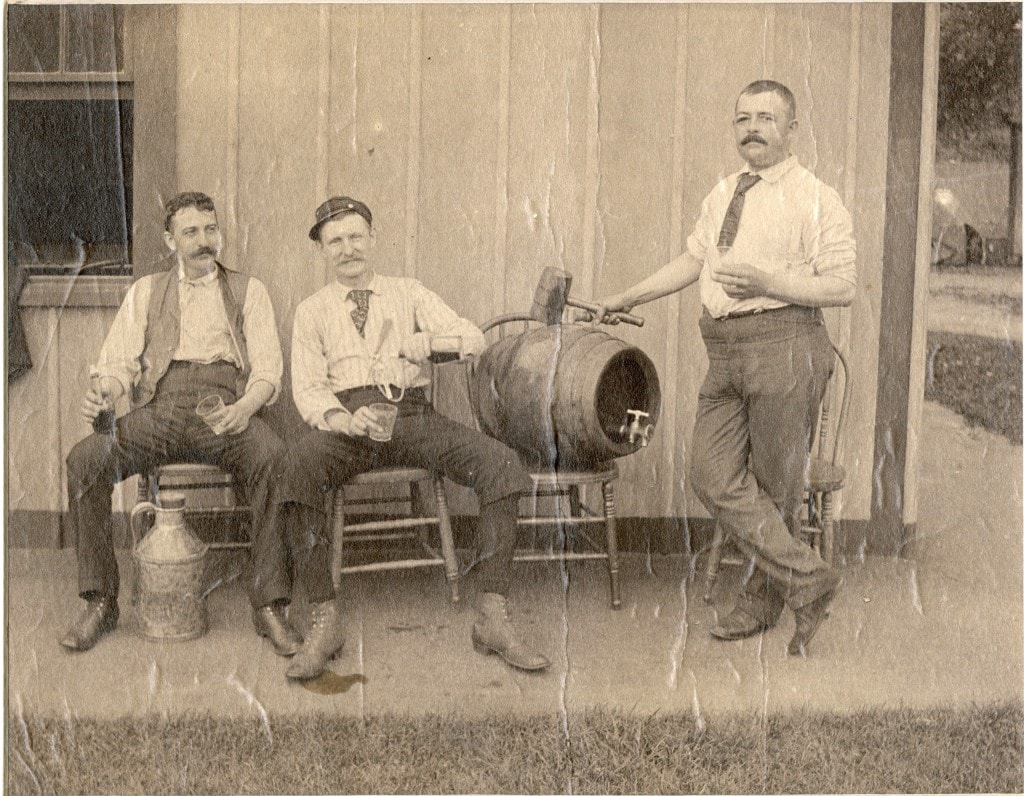 Charles Doering and colleagues with a cask of their beer outside his brewery in the 1890s