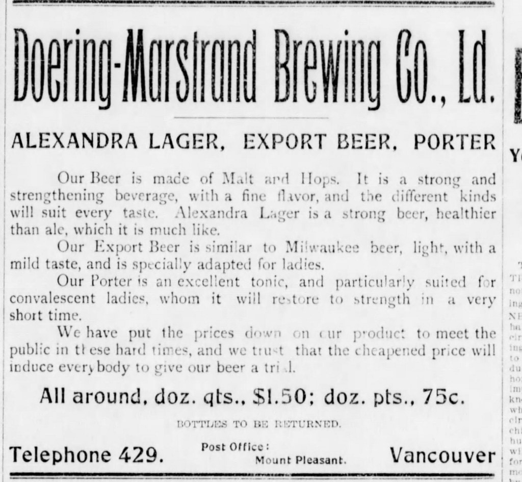 an advertisement from 1897 for Doering-Marstrand Brewing Co featuring their Alexandra Lager