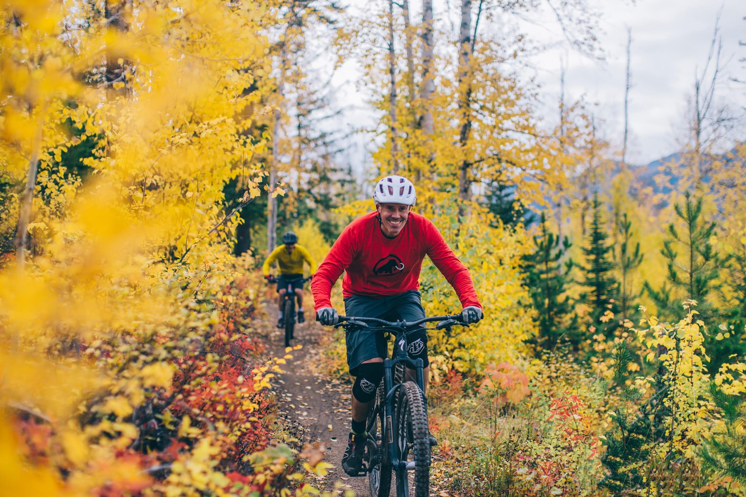 Mountain bikers coming down a trail surrounded by bright fall foliage in Fernie, BC