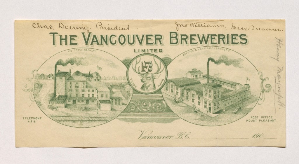 Vancouver Breweries Letterhead, showing both D&M and Red Cross Brewery facitlities