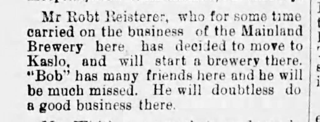 an announcement regarding Robert Reisterer's move to Kaslo in the Weekly News Advertiser, February 1893