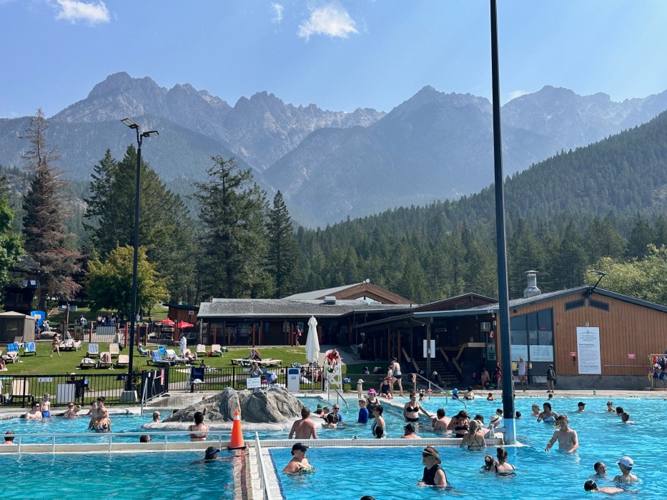 the pools and resort area at Fairmon Hot Springs Resort in BC's Columbia Valley