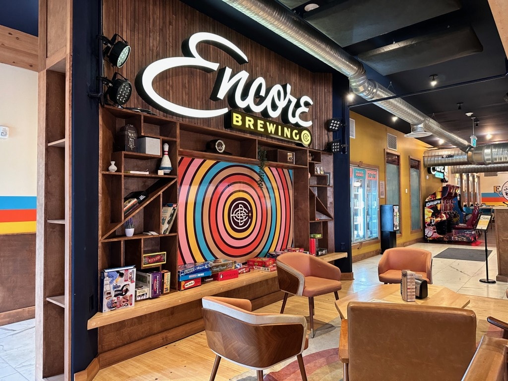 The tasting room at Encore Brewing in Cranbrook, featuring a selection of board games to enjoy along with their craft beer