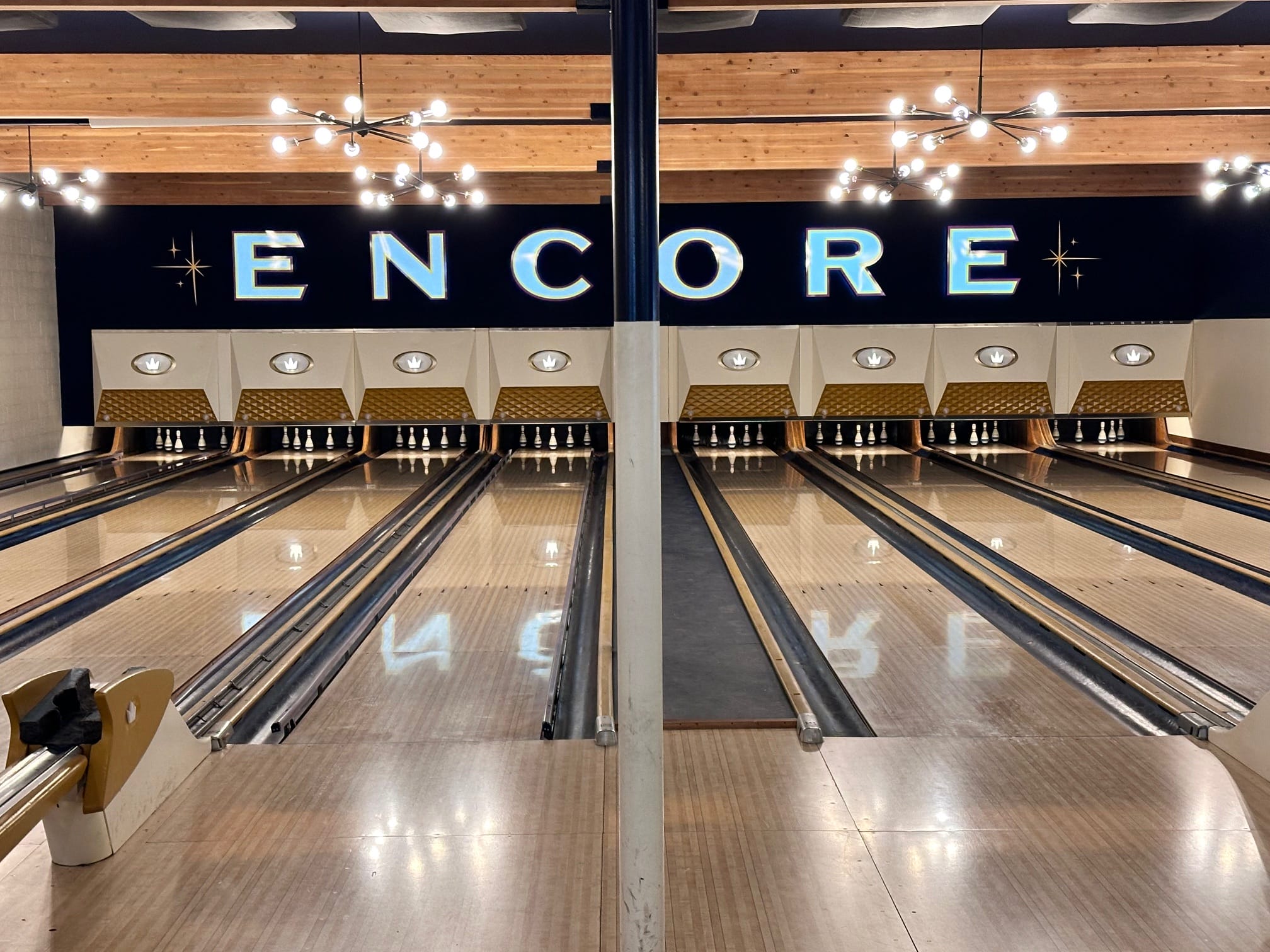 the five-pin bowling lanes at Encore Brewing in Cranbrook, BC