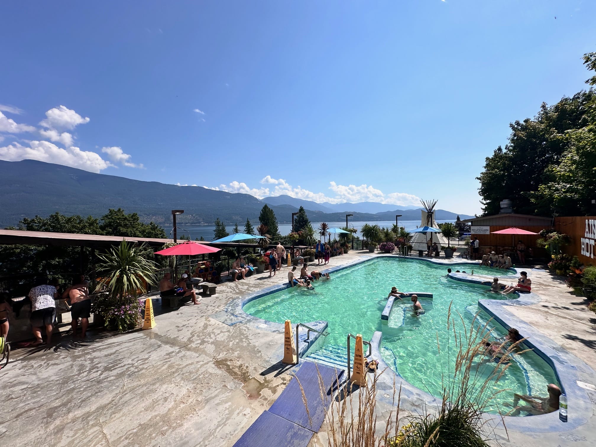 the cold pool at Ainsworth Hot Springs, with a view of Kootenay Lake