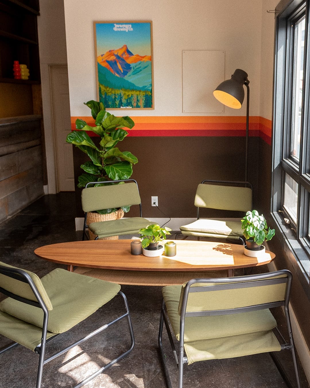 a cozy casual seating area in the tasting room at Invermere Brewing Co in Invermere, BC