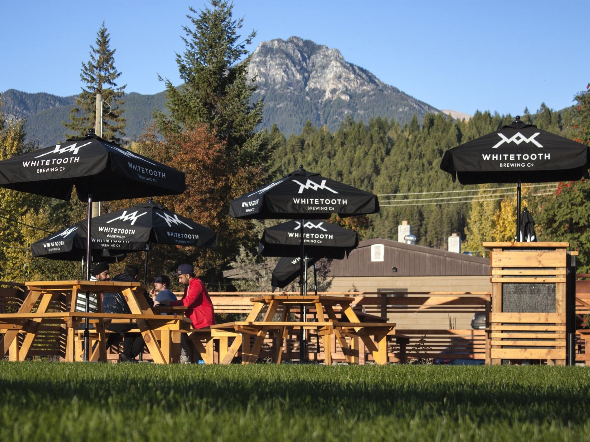 the sunny patio at Whitetooth Brewing, with umbrella-covered picnic tables and scenic mountains in the background