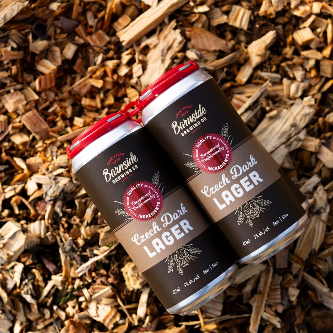 a four pack of cans of Czech Dark Lager from Barnside Brewing in Delta, BC
