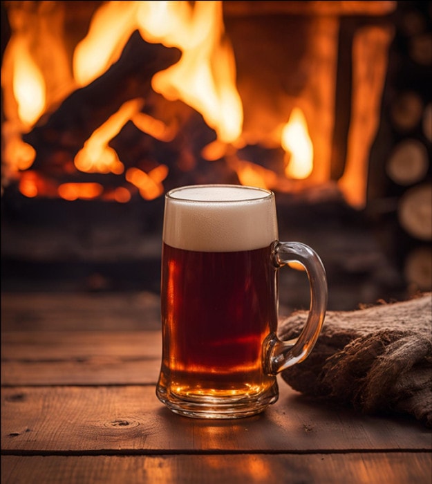a glass of Fireside Winter Ale from Lakesider Brewing Co in Kelowna, BC next to a cozy fire