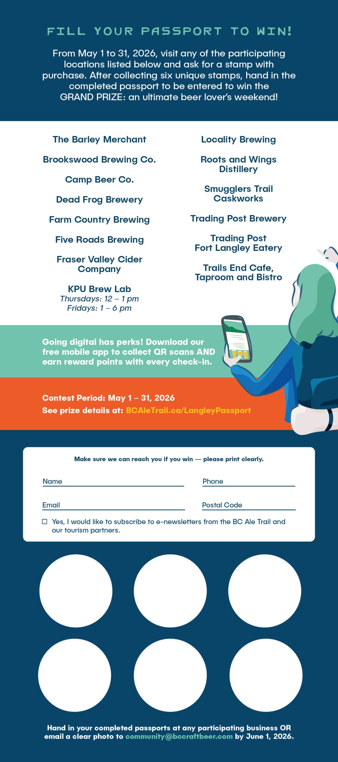 the back of the 2026 Langley Ale Trail Tasting Passport, with photos and contest information