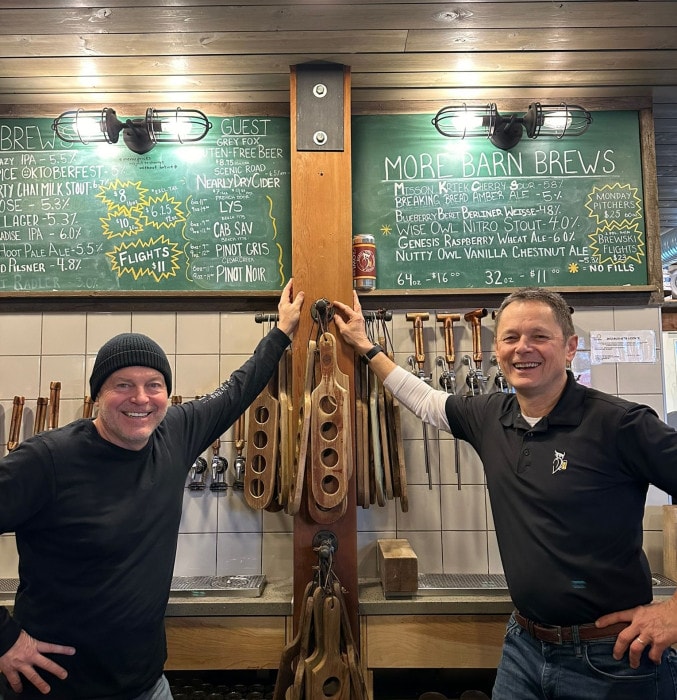 Gary Brucker and Tim Kramer from Barn Owl Brewing in Kelowna in the taproom