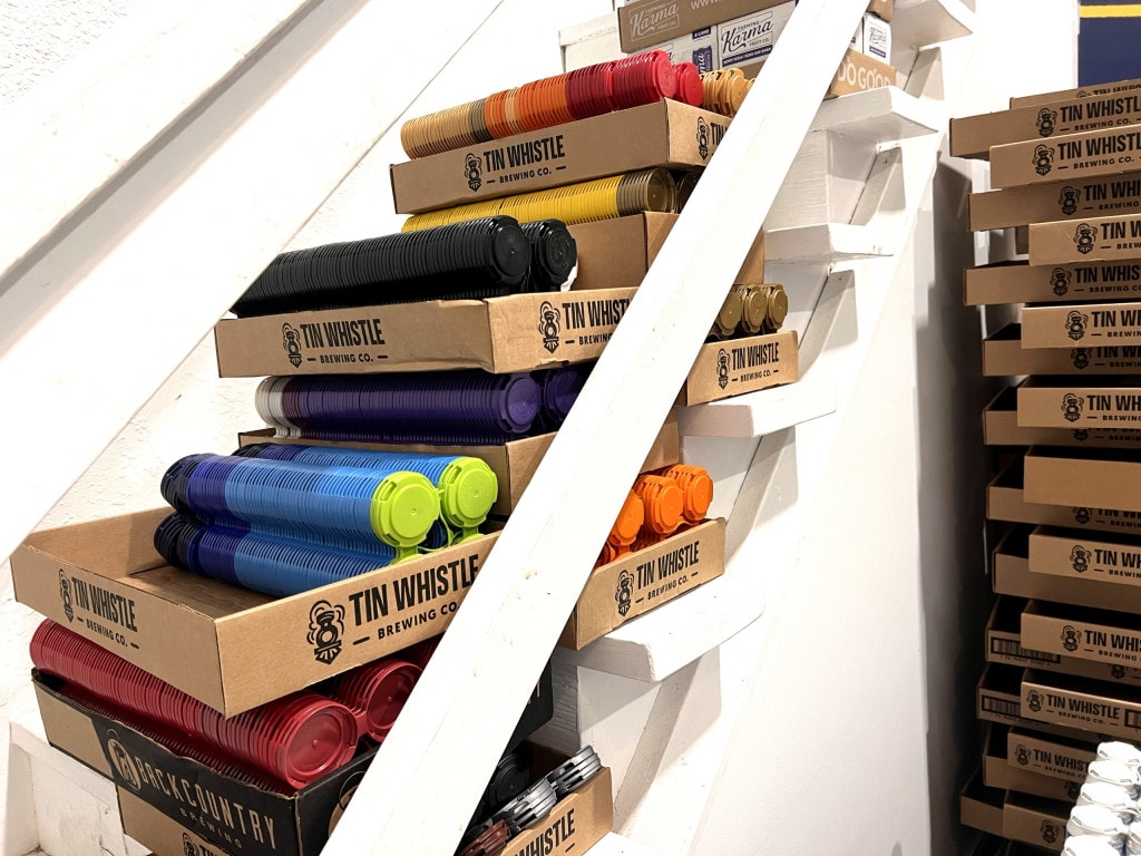 Stacks of returned PakTechs ready for use at Tin Whistle Brewing in Penticton, BC